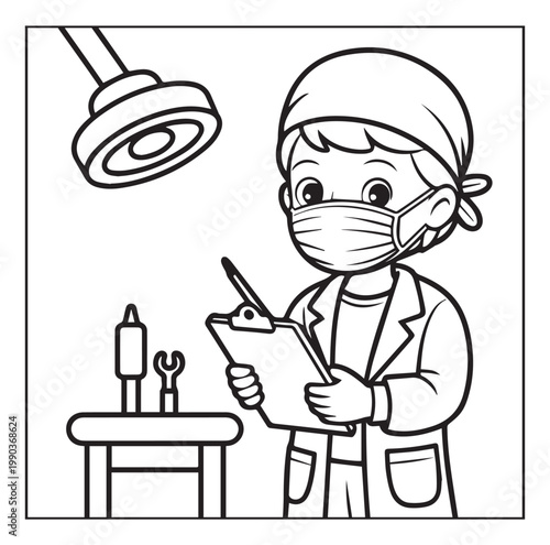 Medical student activity book of a cute doctor seeing a report in OT in hospital black line art vector illustration coloring page for kids and adults