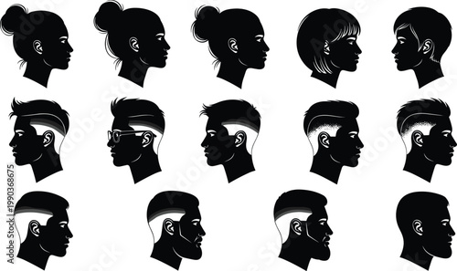 Silhouette illustration of twelve male and female head profiles with diverse hairstyles, showcasing modern grooming, fashion trends, and identity variation