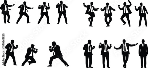 Silhouette of businessmen dancing in suits, energetic corporate celebration poses showing success, teamwork, joy and dynamic movement isolated on white background