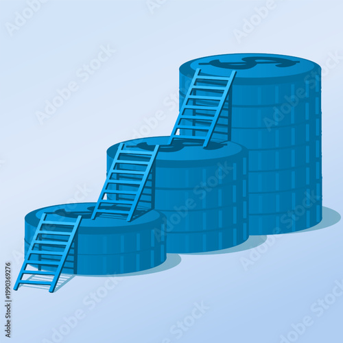 Businessman walk up growth chart and graph with stair to success. Progress or improvement to success, step forward to grow business, journey to achieve goal, ambition or career path.