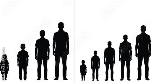 Silhouette illustration showing progression of human growth stages from childhood to adulthood, highlighting height variation, life development, and physical change