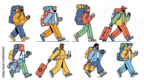 Set of travelers with backpacks and luggage