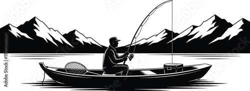 Fisherman silhouette in small boat casting line on calm mountain lake, outdoor adventure fishing scene vector illustration isolated background