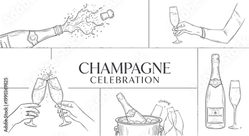 Champagne Celebration Illustrations with Toasting and Pouring.