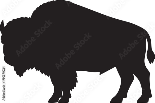 Silhouette of a large american bison standing on a white background in side profile view. Vector