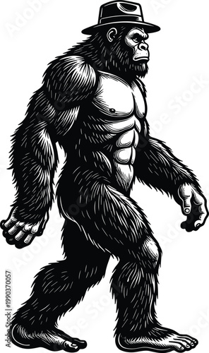 Stylized gorilla illustration walking upright with muscular build, wearing fedora hat, bold black‑and‑white graphic art design concept