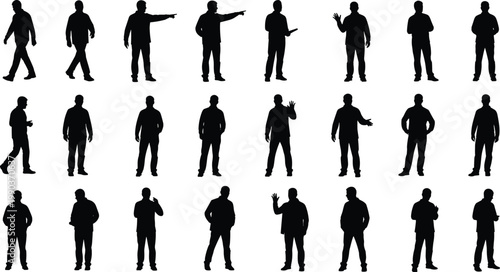 Silhouette illustration showing twenty-four human figures in diverse standing poses, gestures, and movements, highlighting posture variation and expressive body language