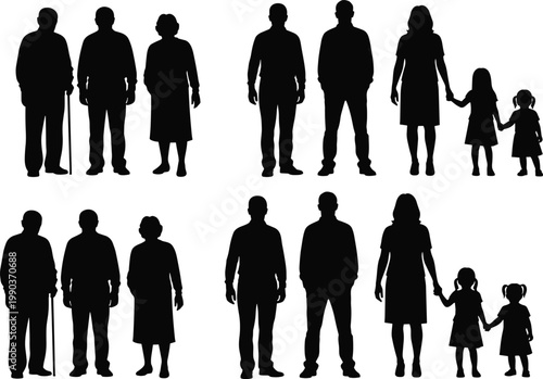 Family and generations silhouette set showing elderly, adults and children standing together, human life stages isolated on white background vector illustration