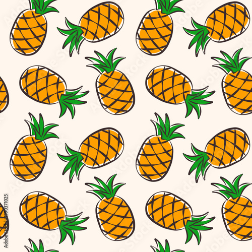 Pineapple seamless pattern. Hand drawn tropical fruit vector  illustration in bright yellow and green