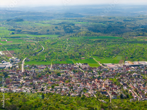 A flight above Kirchheim Teck towards the Castle Teck which is located high above the mountain 