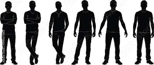 Male silhouette poses collection with casual standing positions, full body human figures isolated on white background vector illustration set