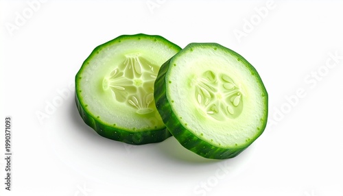 Fresh green cucumber slices on white background, healthy food ingredient for summer diet, organic vegetable cut, raw produce for cooking and garnish