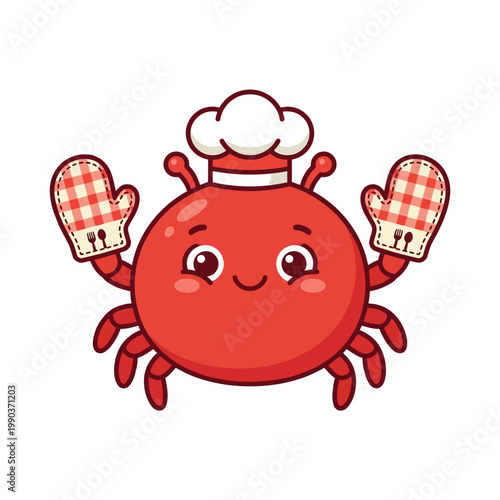 A cheerful red crab wearing a chef hat and oven mitts is cooking