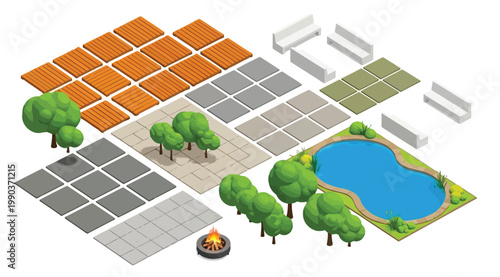 Isometric landscape design elements with patio tiles, trees, benches, and a pond