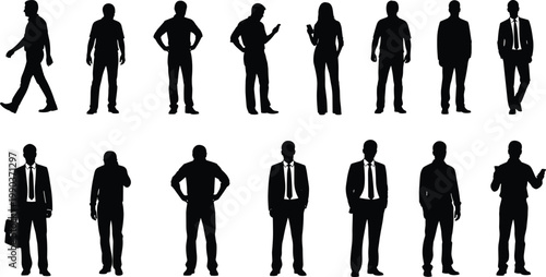 Silhouettes of business professionals standing and walking in suits, briefcases and mobile phones, corporate teamwork and communication illustration