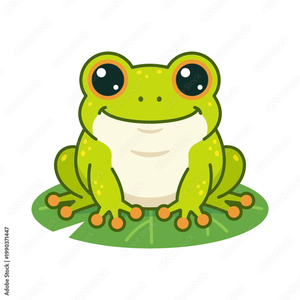 Fototapeta premium A smiling green toad sits on a leafy pad in a serene environment.