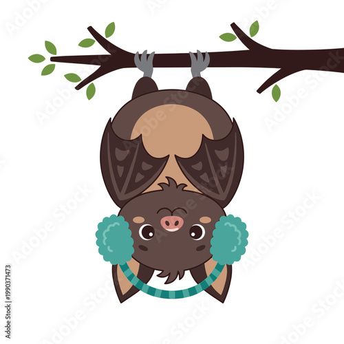 A cartoon bat hangs upside down from a tree branch wearing headphones.