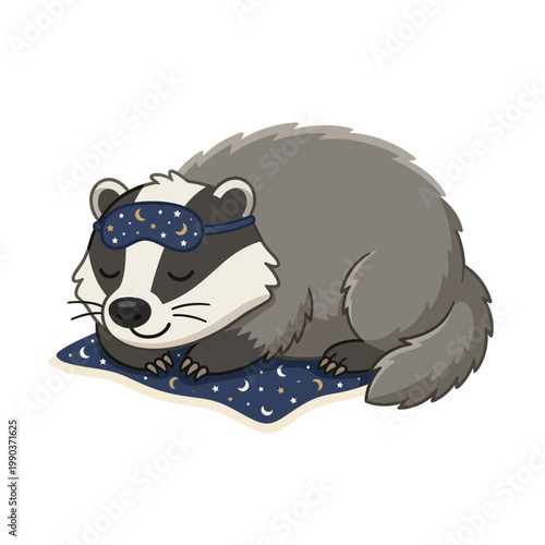A badger wearing a sleep mask lies on a blanket.