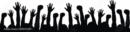 Crowd raised hands silhouettes showing protest, support, voting and unity, social movement concept isolated on white background