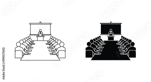 A black and white illustration depicts a conference or lecture hall with a speaker and audience high quality