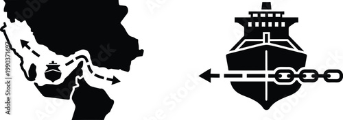 Strait of Hormuz blockade concept with cargo ship and Middle East map icons