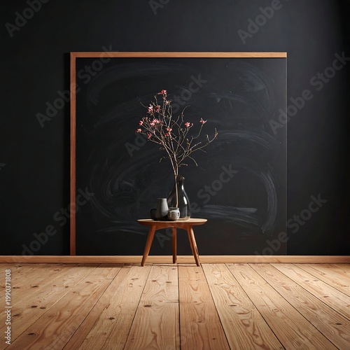 A stark interior scene featuring a floral arrangement and vessels on a small table against a large chalkboard, with wood flooring