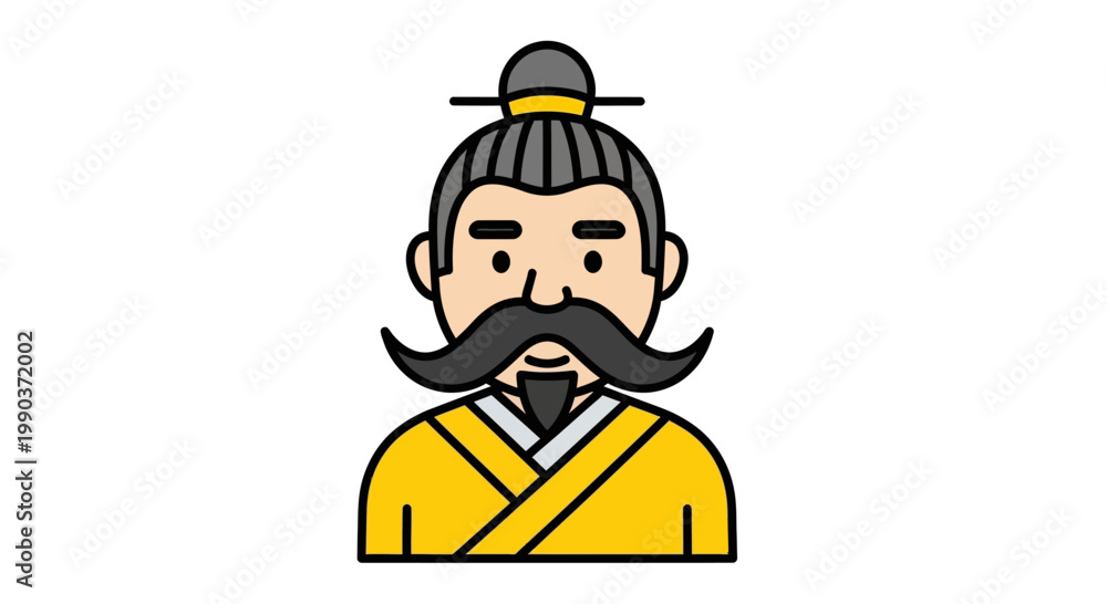 Fototapeta premium Icon of an ancient Chinese historical male figure with a mustache.