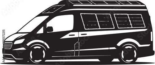 Black camper van, motorhome vehicle, solar panel roof, side view, illustration
