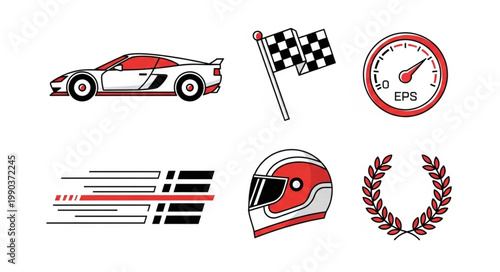 Racing Car Helmet Flag Gauge Laurel Wreath Speed Lines.