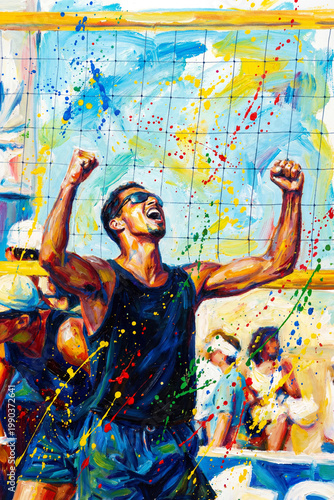 Vvictorious beach volleyball player celebrating point, artistic painting of athletic woman shouting in triumph, sports illustration of emotion and success on the sand