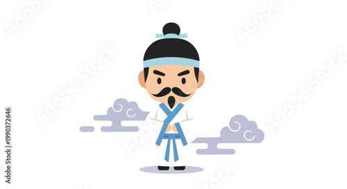 Cartoon Korean warrior character wearing traditional hanbok and topknot.