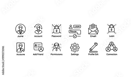 Minimal user account icon vector set with profile login password and connection symbols for web app UI UX design