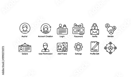 User account web icon vector set with profile avatar login password and security symbols in minimal line style
