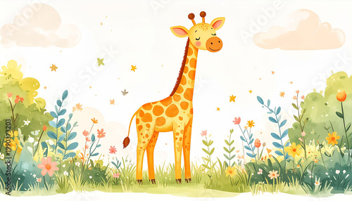 this scene showcases a tall yellow creature adorned with orange spots standing in a vibrant meadow. the creature has closed eyes and a smiling face