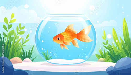 this illustration depicts a bright orange aquatic animal inside a clear, round vessel filled with water. the bowl sits on a light surface, surrounded by green plants and smooth, dark rocks
