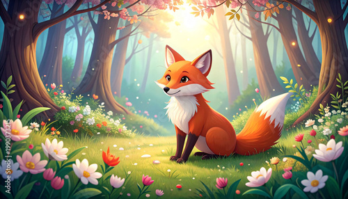 the illustration depicts a seated fox within a bright forest environment filled with flowers. the fox features a bright orange coat, white accents on its chest and tail, and a gentle expression