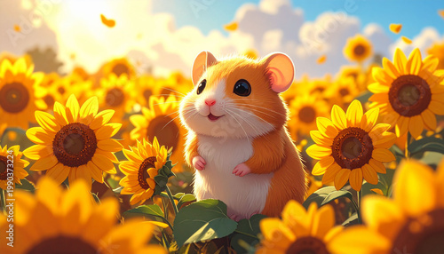 a cute rodent with fluffy fur stands upright in the center of a field of sunny yellow flowers