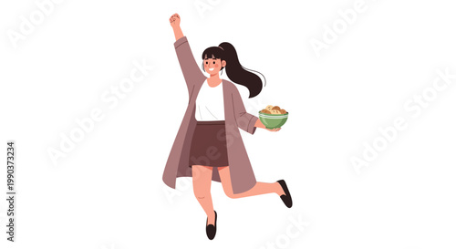 Happy young woman jumping with a bowl of food in her hand.
