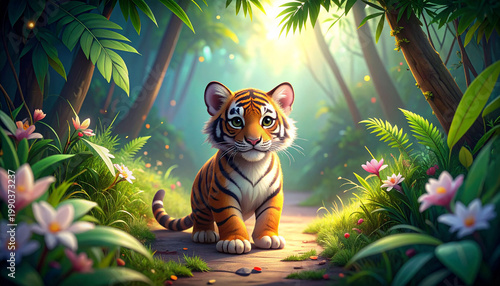 a stylized tiger cub is the central focus of the image, sitting on a path. the cub is positioned in the foreground, with a lush green environment surrounding it