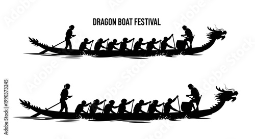 Black Silhouette Illustration of Traditional Chinese Dragon Boats for Festival Celebration.