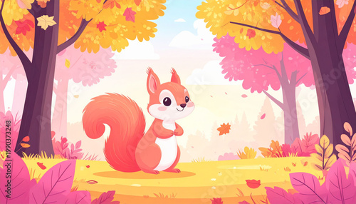 a cartoon animal stands in the center of the image, with both paws up, positioned against a backdrop of woods