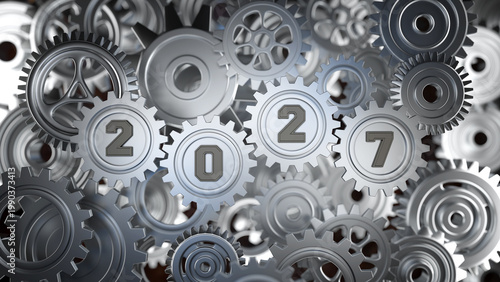 New Year 2027 Creative Design Concept with Gears - 3D Rendered Image