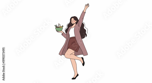 Happy young woman holding a fresh salad bowl.