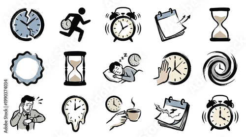 A collection of hand-drawn icons representing various concepts related to time, including clocks, alarms, calendars, and hourglasses, illustrating urgency, deadlines, and the passage of time.