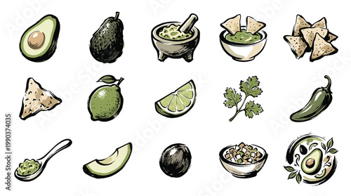 A vibrant collection of hand-drawn illustrations depicting the essential ingredients and preparation of guacamole, including avocados, limes, cilantro, jalapeños, and tortilla chips.