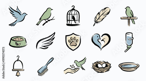 A collection of hand-drawn icons representing various aspects of bird care and avian life, including birds, cages, food, and accessories.