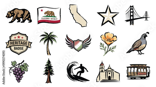 Collection of iconic symbols and landmarks representing the state of California, including its flag, bear, bridge, and natural elements.
