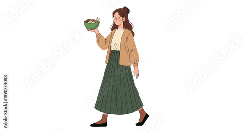 Anime style illustration of a young woman holding a green bowl.
