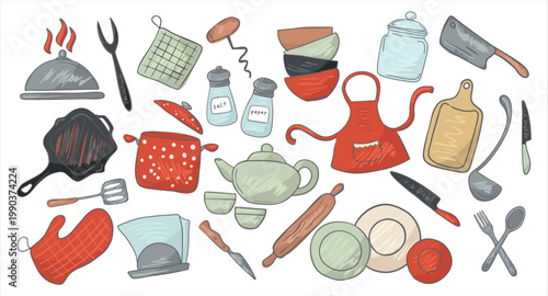kitchenware cooking tools for culinary and Kitchen essentials stuff cookware utensil hand drawn illustration Culinary equipment Food preparation instruments. Chef gadgets Vintage