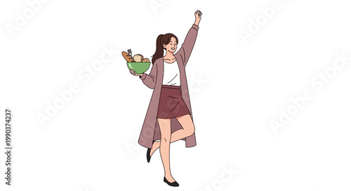 Happy young woman holding a bowl of healthy salad and cheering.